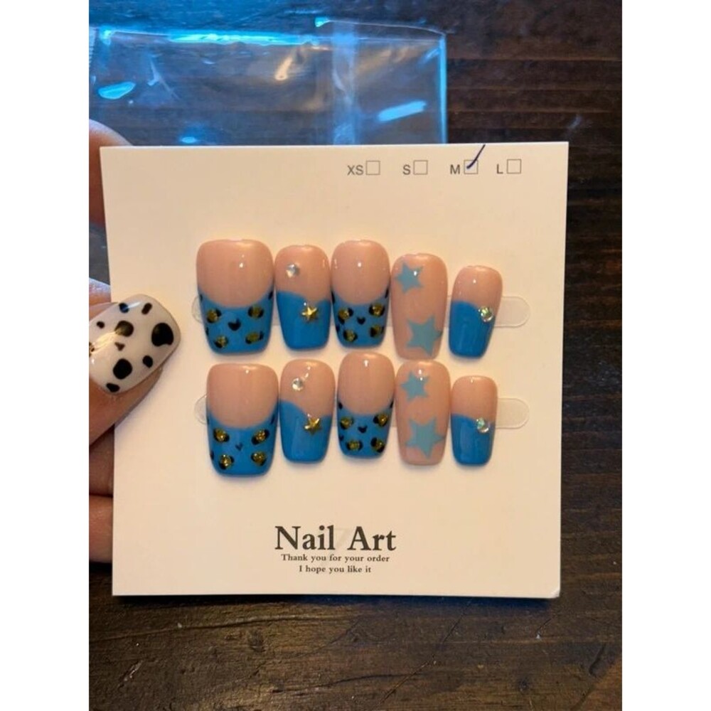 Blue French Tip Leopard Print Square Press On Nails Size Medium